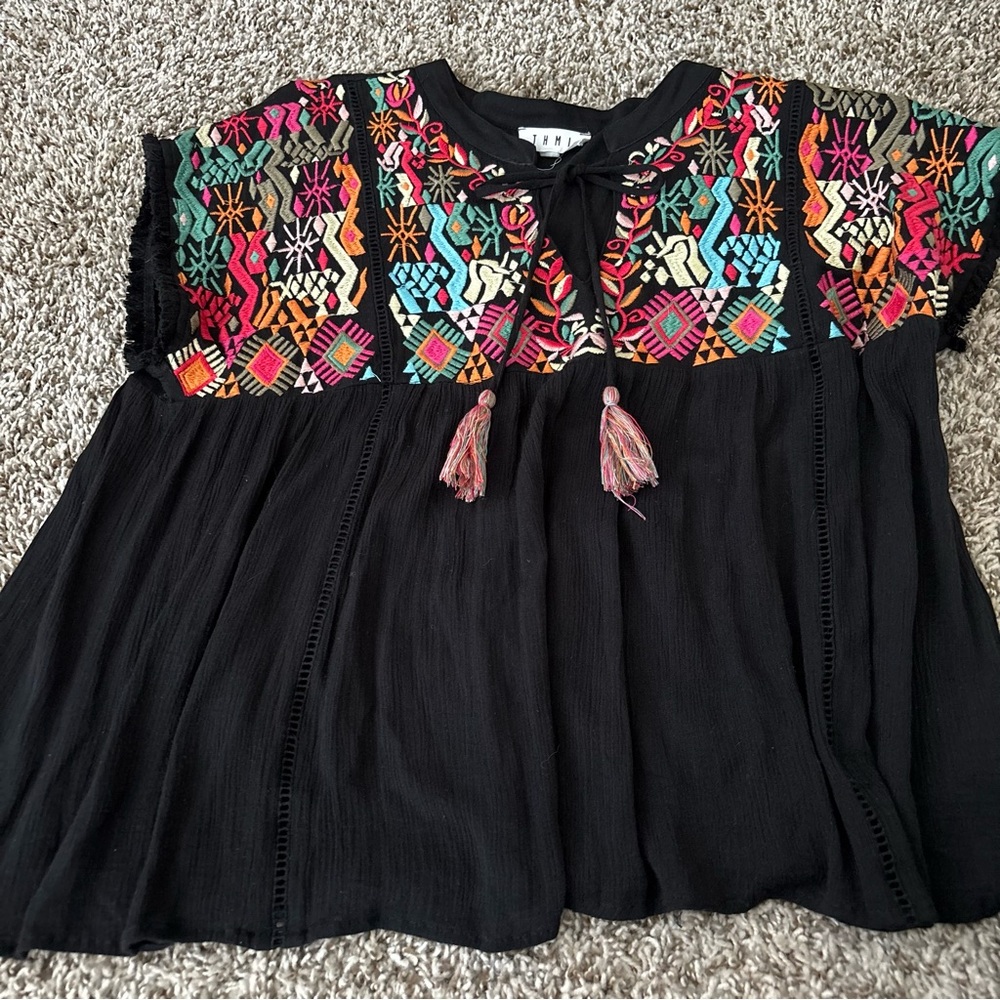 THML embroidered was Black Rayon Top - Medium